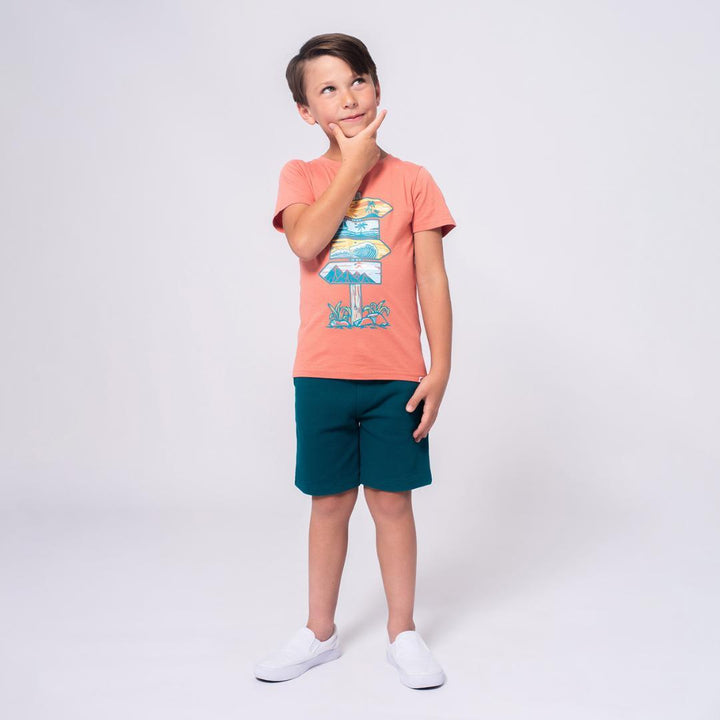 young boy modeling the teal shorts and a boardwalk tee. 