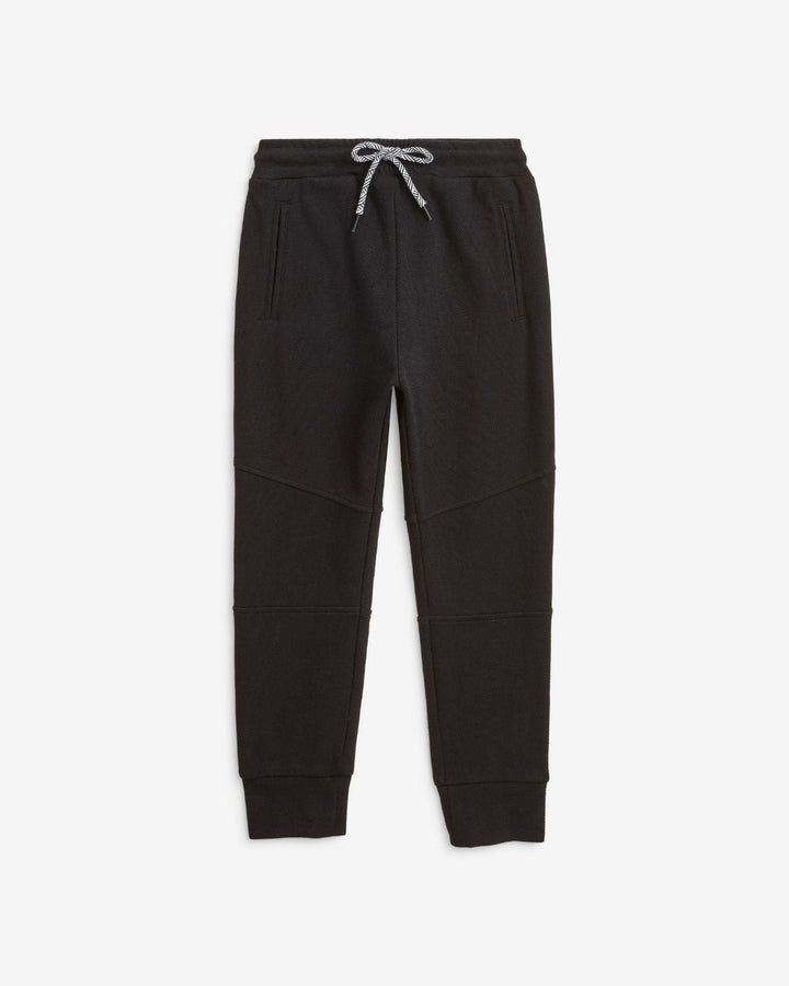 Black jogger pants with a drawstring on a white background