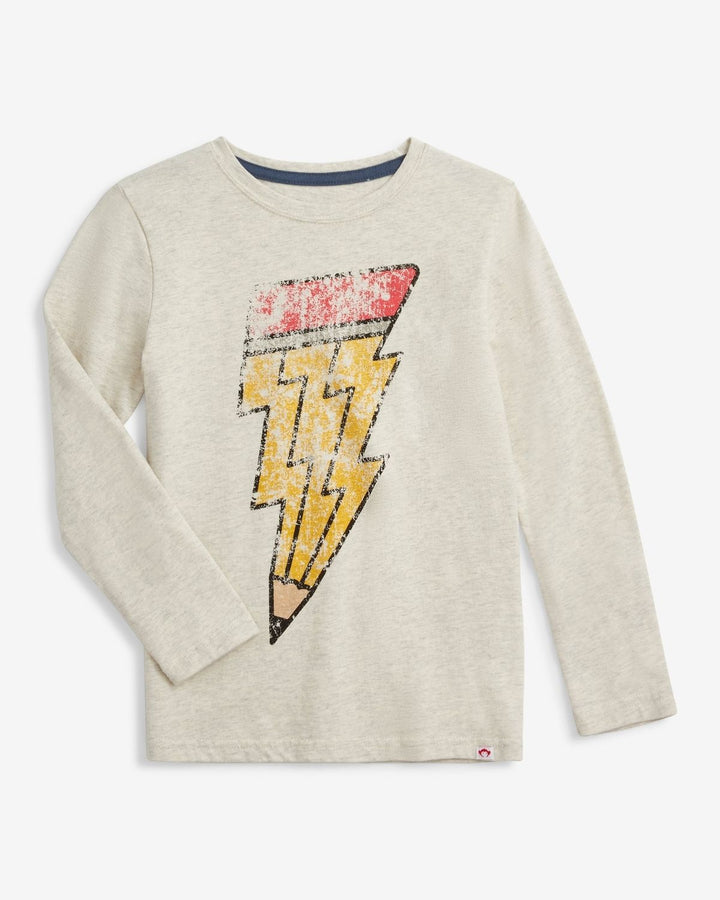 Beige long-sleeve shirt with a lightning bolt shaped like a pencil design on a white background
