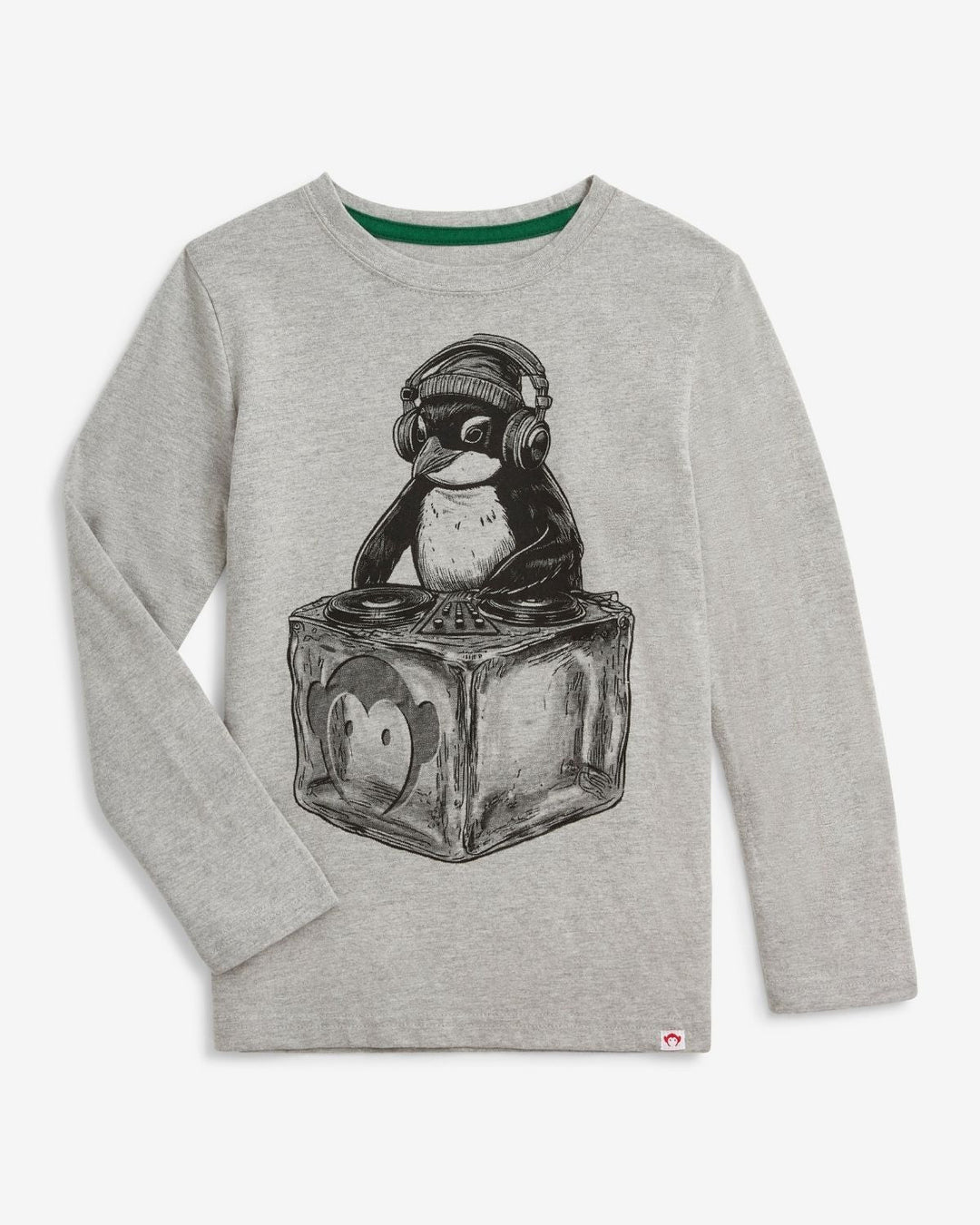 Gray long-sleeve shirt with a penguin DJ graphic on a white background