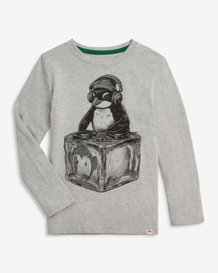 Gray long-sleeve shirt with a penguin DJ graphic on a white background