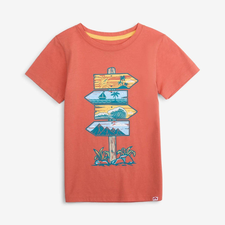 boy orange crew neck t-shirt with beach signs on it that appear to have a wooden look to them. 