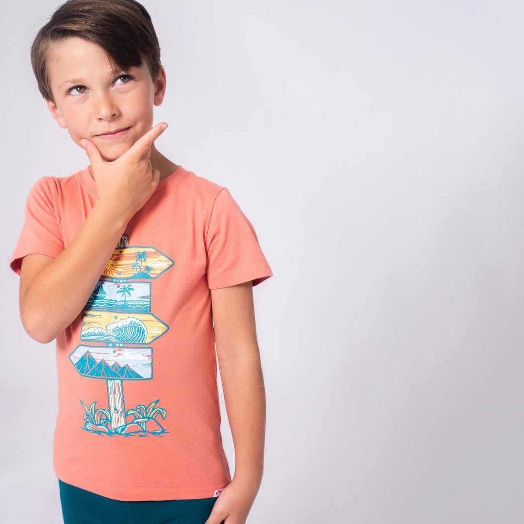 boy wearing the orange tee with boardwalk signs on it. 