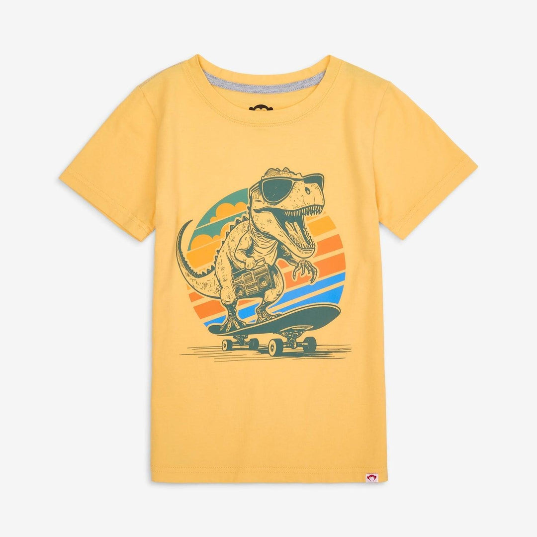 yellow crew neck tee-shirt with dinosaur skateboarding wearing sunglasses. 