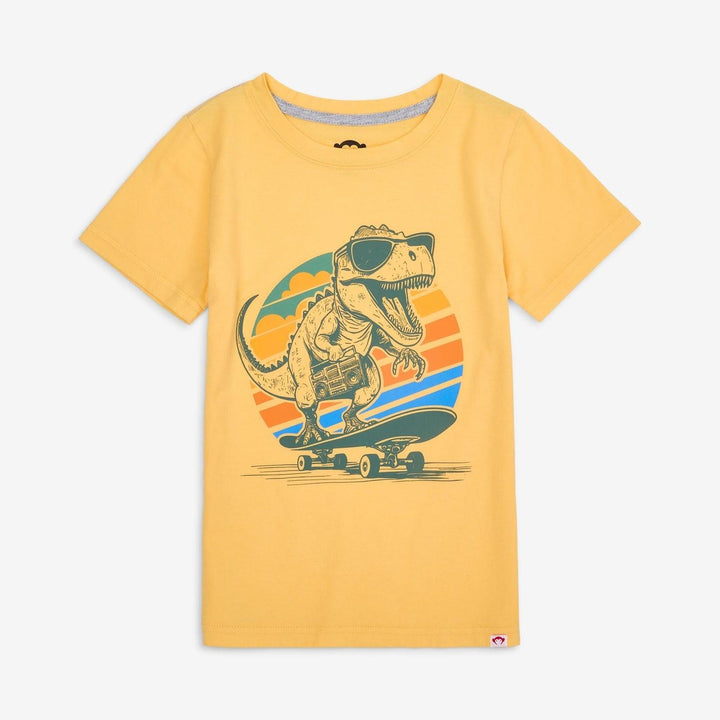 yellow crew neck tee-shirt with dinosaur skateboarding wearing sunglasses. 