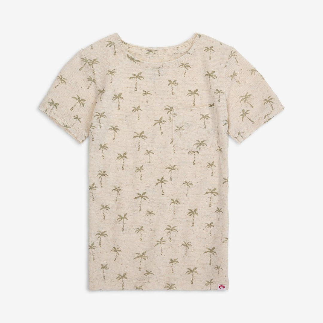 heathered beige tee with pocket and sage green palm trees all over the tee. 
