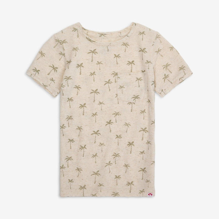 heathered beige tee with pocket and sage green palm trees all over the tee. 