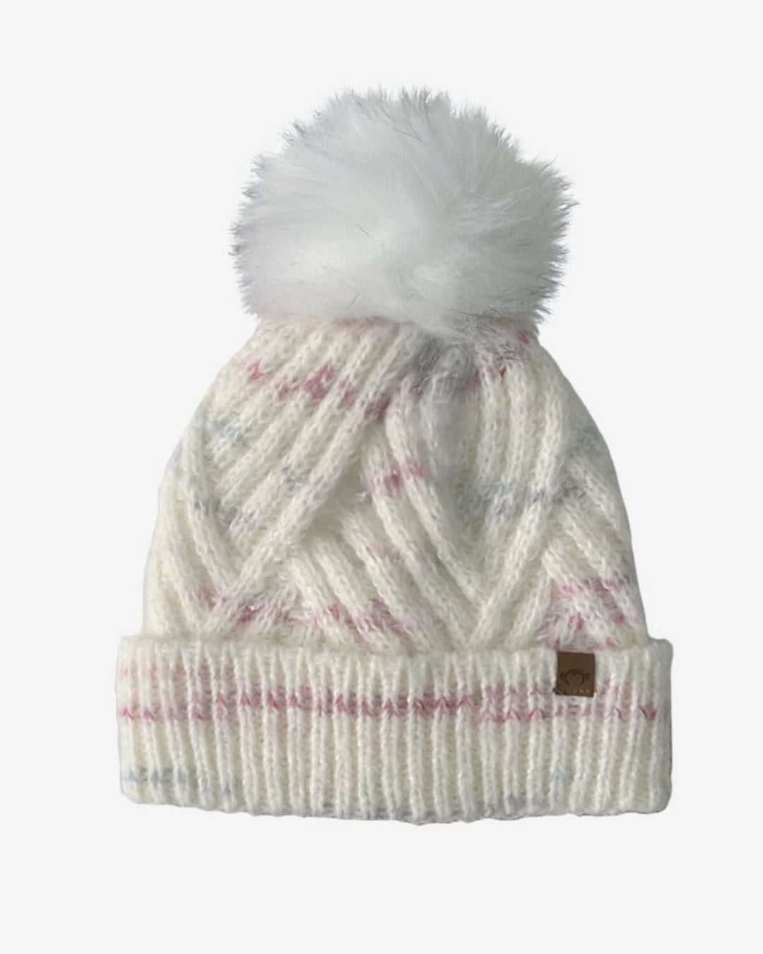 ivory beanie with pom pom with laevnder threads running through it. 