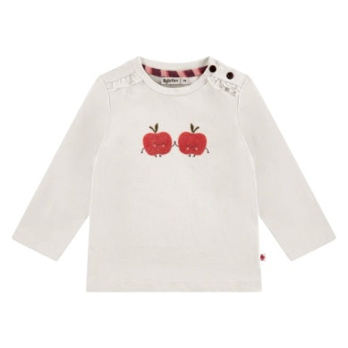 long sleeve white tee with two red apples smiling and holding hands