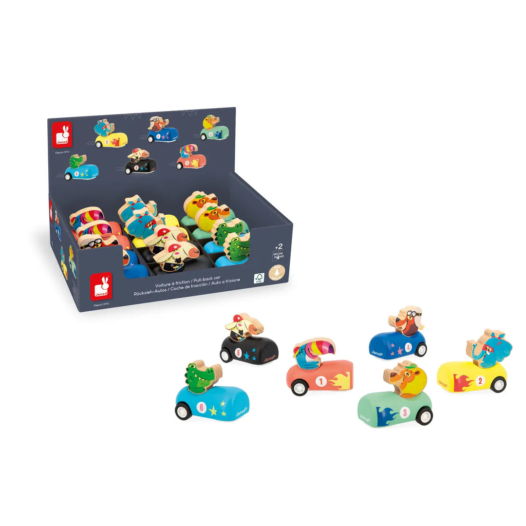 Set of colorful toy cars with a packaging box on a white background