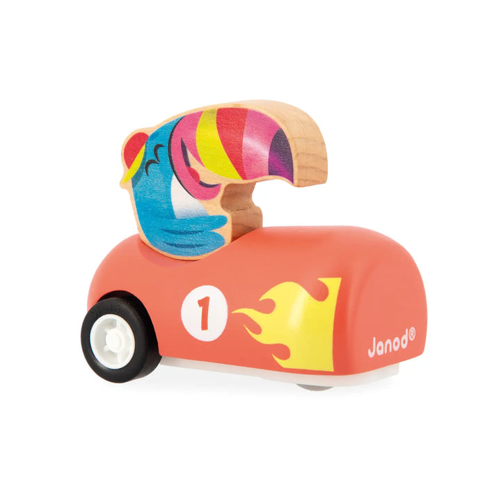 toy red car with a toucan in it 