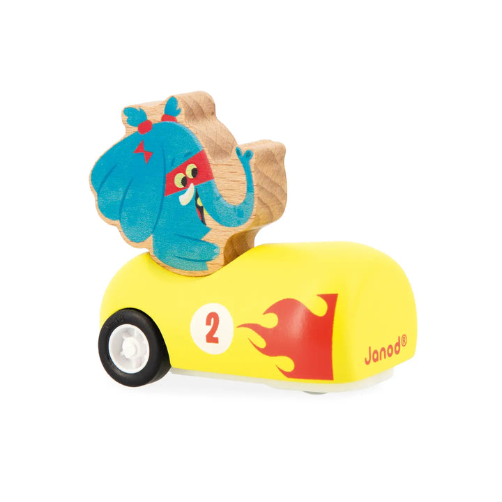 toy yellow car with a blue elephant in it 