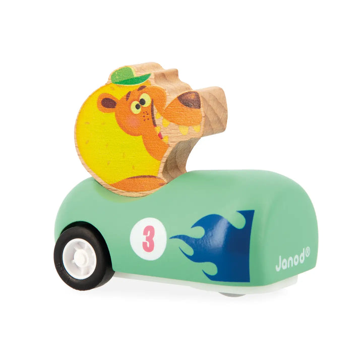 Wooden toy car with a lion figure on a white background