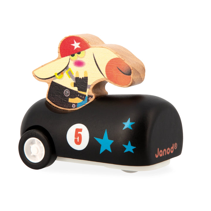 Toy car with a character on top, featuring the brand 'Janod', on a white background