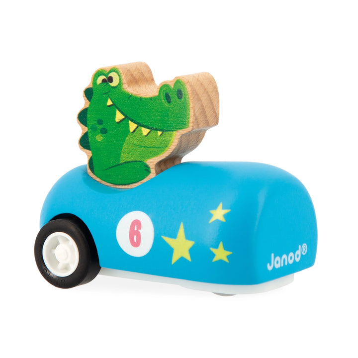 Toy car with a green alligator figure on a white background, featuring the brand 
