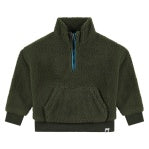 green quarter zip sweatshirt for boys. big pocket in the center. 