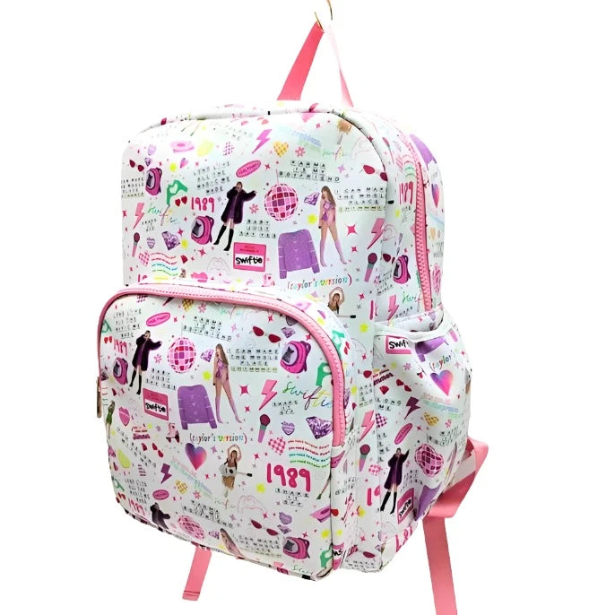 Taylor Swift pattern all over the backpack with a white base. 