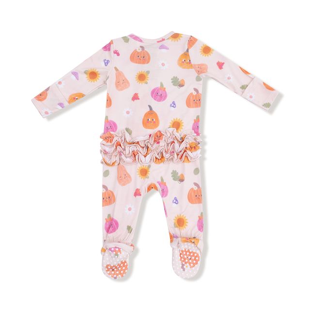 back of footed Baby onesie with pumpkin and flower pattern on a white background