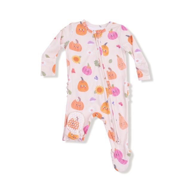 Baby onesie with pumpkin and autumn-themed pattern on a white background