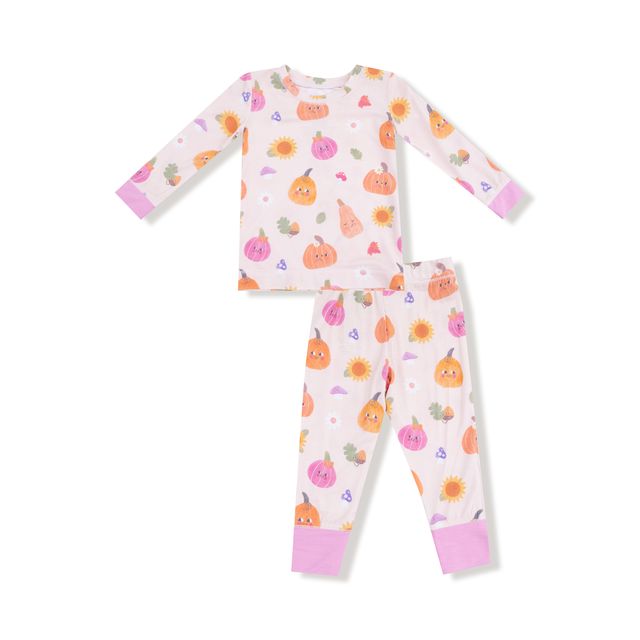 Children's pajama set with pumpkin pattern on a white background
