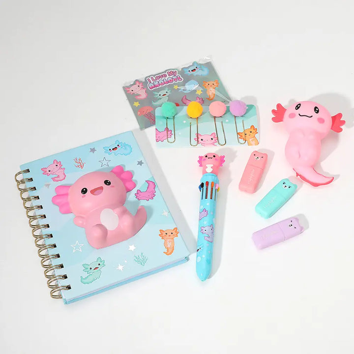 Stationery set with a notebook, pen, and erasers featuring cute animal designs on a white background.