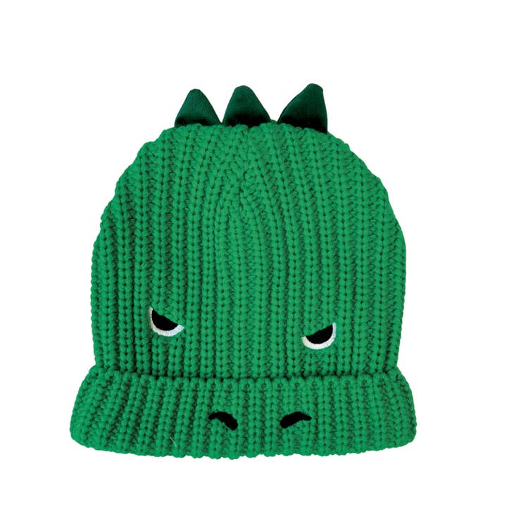 knit hat with 3 spikes on the top to and embroidered eyes and nose all to look like a dinosaur