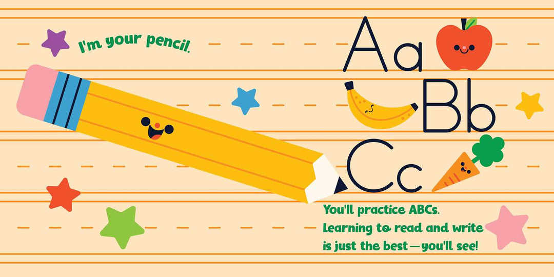 Educational illustration of a pencil and ABCs on a wooden texture background
