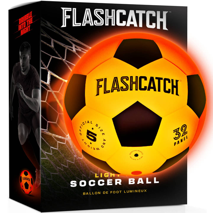 Flashcatch soccer ball packaging with a soccer ball design on a black background