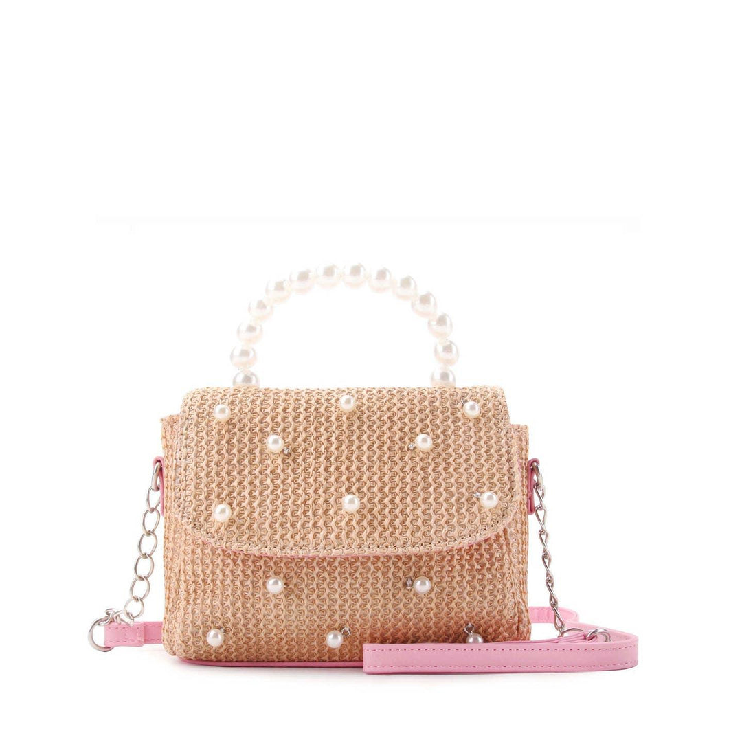 straw crossbody bag with pearls sewn on the front, pearl hands and pink crossbody strap