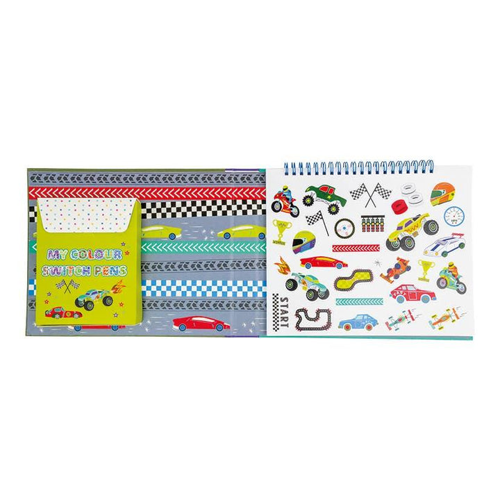 inside of the book with color changing markers on one side and stickers with cars on the other side 