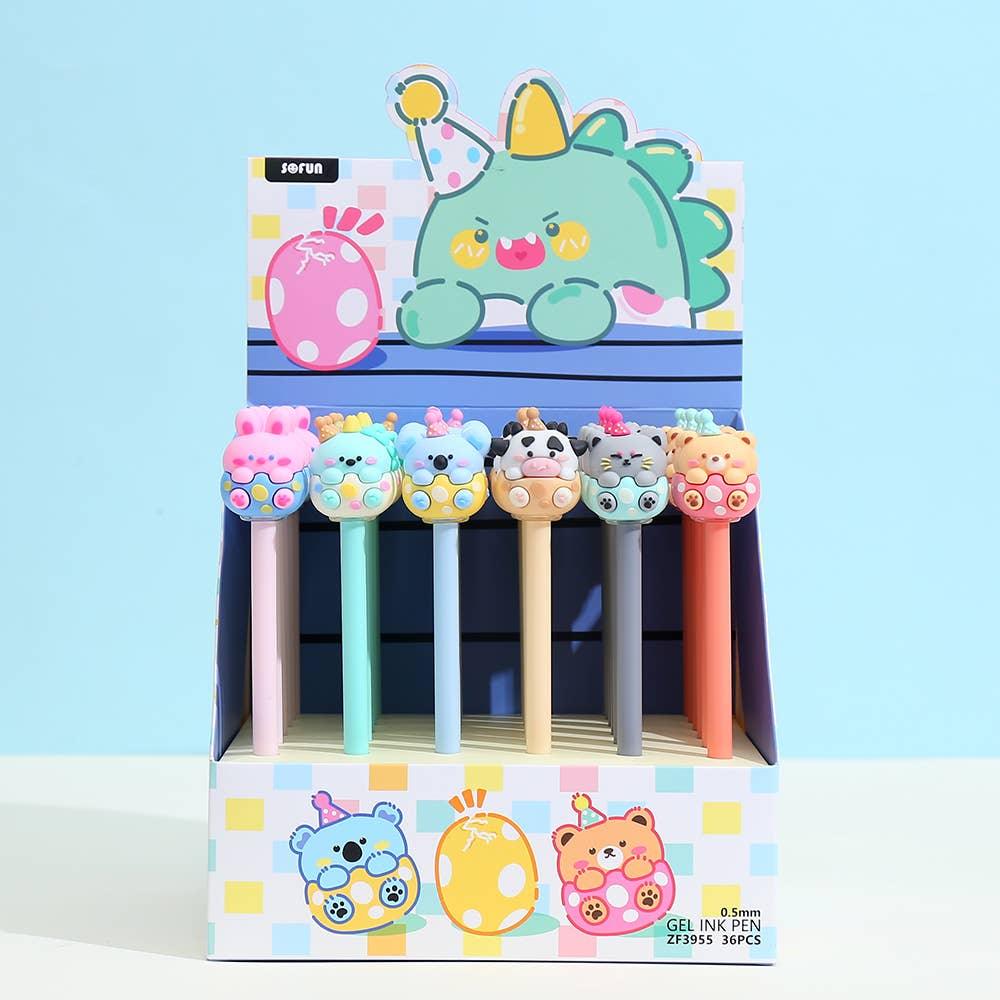 this shows the pens in the packaging from the vendor : Bear, cat, cow, koala, bunny, penguin. all wearing birthday hats. 