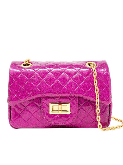 Hot PInk Glitter handbag with a flap gold lock closure, gold chain link shoulder strap