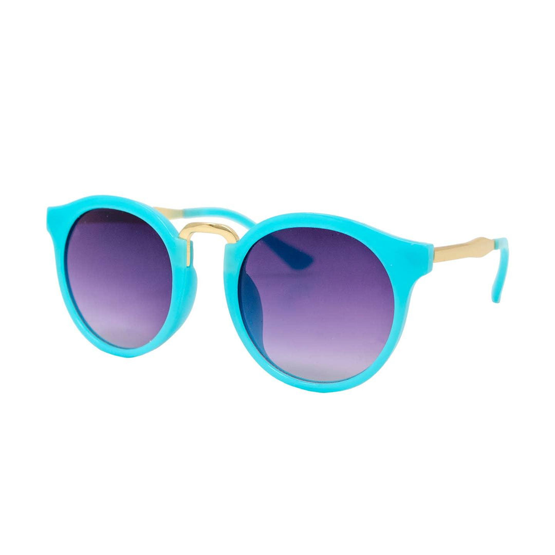 rounded sunglases with teal frames and gold accents 