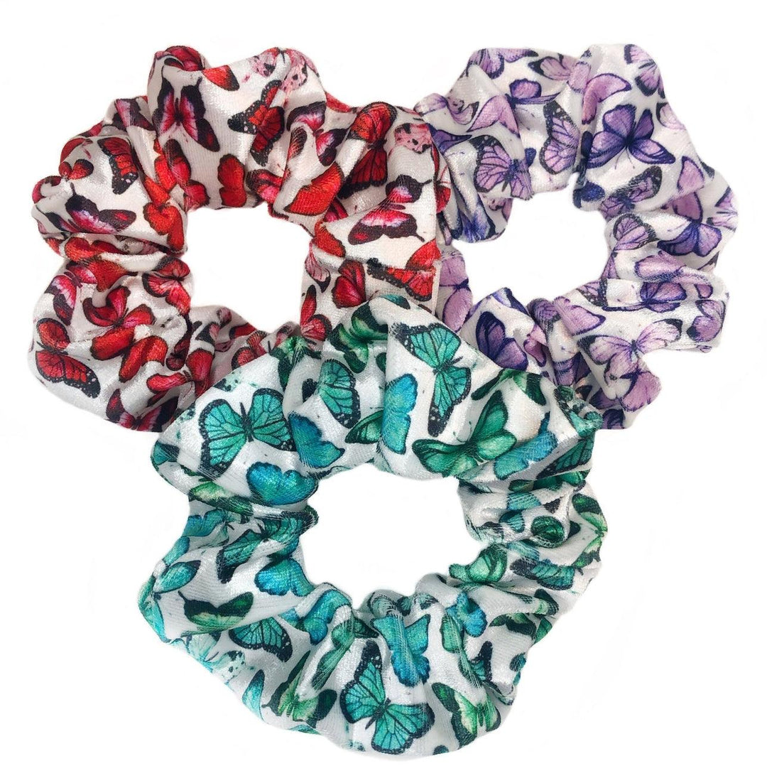 set of 3 scrunchies each with butterfies on it: green, purple and red 
