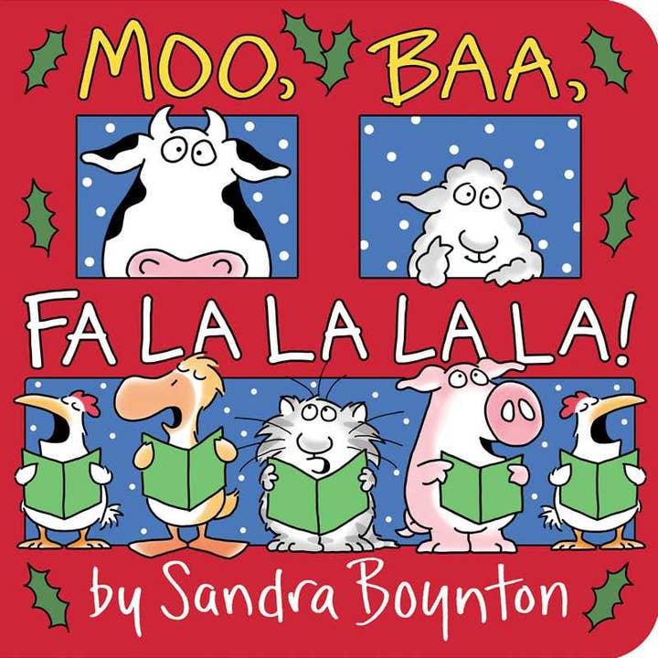 Holiday board book that reads 'Moo, Ba, Fa, La, La, La with different animals singing on the cover