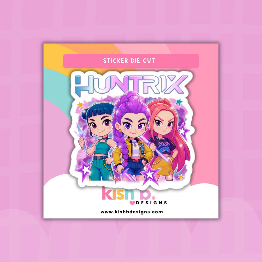 Sticker die cut with three animated characters and 'Huntrix' branding on a pink background.