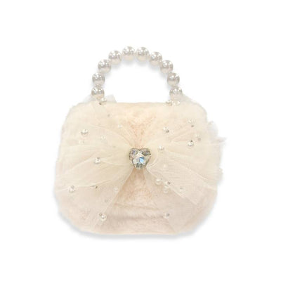 ivory faux fur handbag with magnetic snap closure. mesh bow with rhinestone heart in the middle and pearl handle