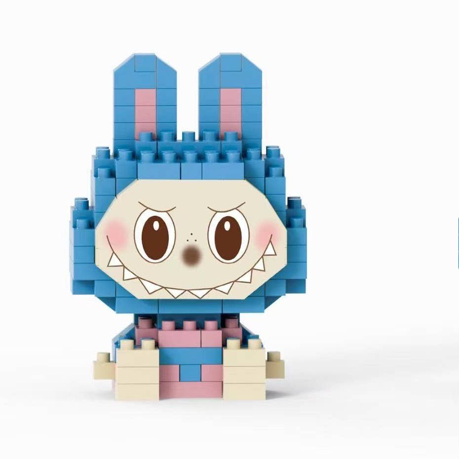 Toy figure made of interlocking bricks with a blue bunny design on a white background