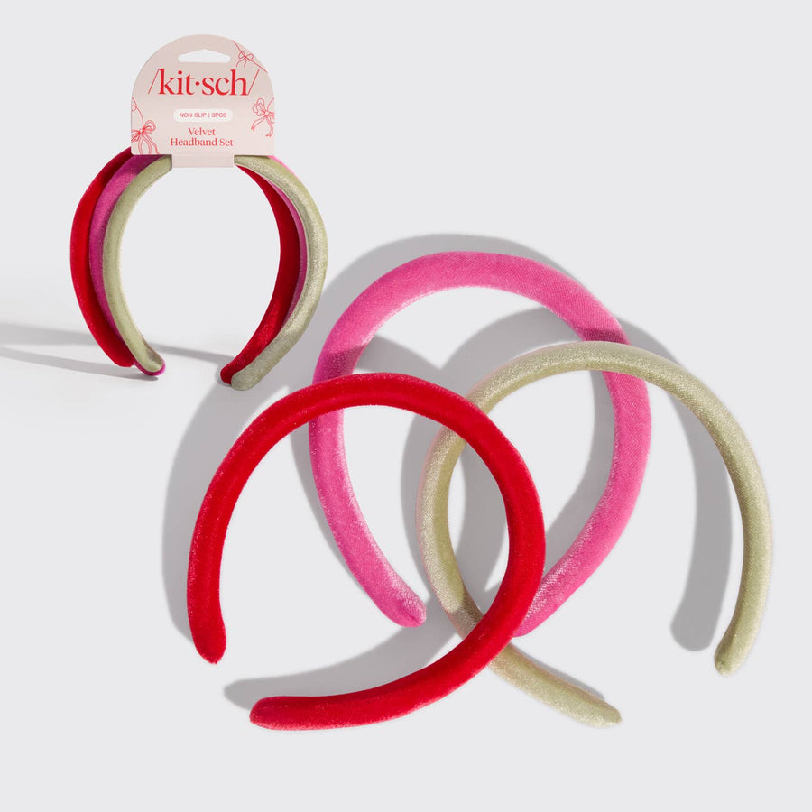 Set of pink, red, and beige headbands with 'kitsch' branding on a white background