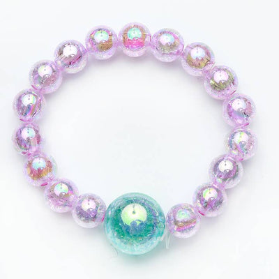 elastic bracelet with lavender beads and green center bead all with irridescent glow