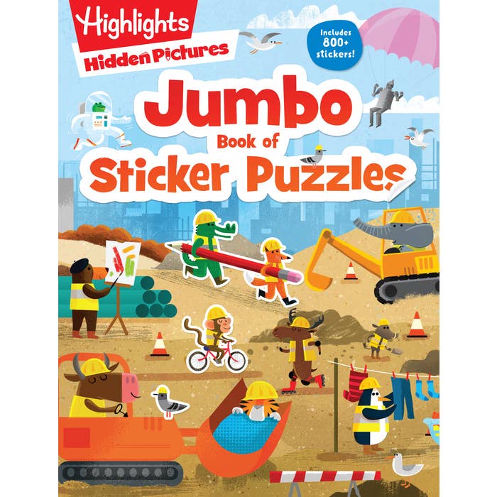 Jumbo book of sticker puzzles by highlights with a construction theme