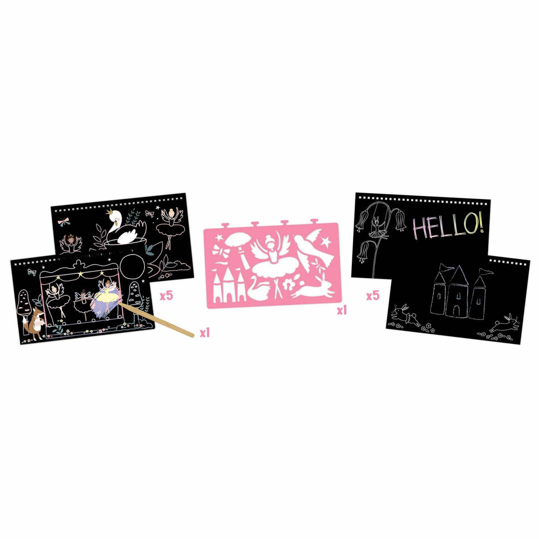 Set of chalkboard-style activity sheets with illustrations and a wooden stick on a white background.