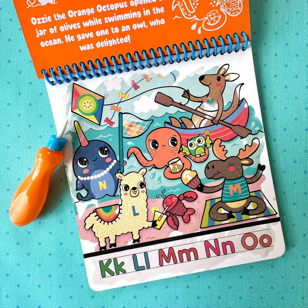 Children's book with colorful illustrations of animals on a blue background