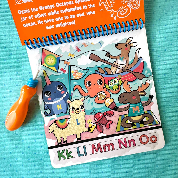 Children's book with colorful illustrations of animals on a blue background