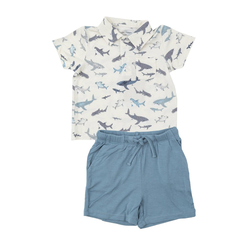 Baby Boy 2 Piece Set | Polo Shirt and Short Set- Sharks | Angel Dear - The Ridge Kids