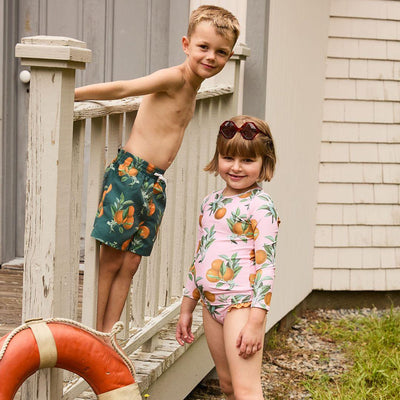 Baby Boy Swimwear | Trunks- Green Botanical Oranges | Pink Chicken - The Ridge Kids