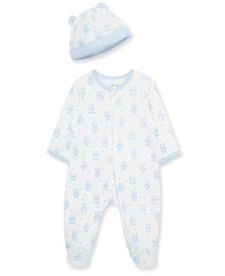 footed onesie with white base and tiny blue bears covering throughout