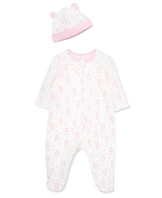 footed onesie with white background and little pink teddy bears all over the onesie. come with matching hat