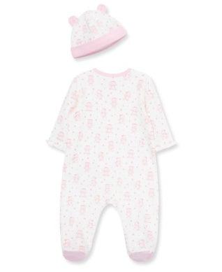 footed onesie with small pink bears all over it. 