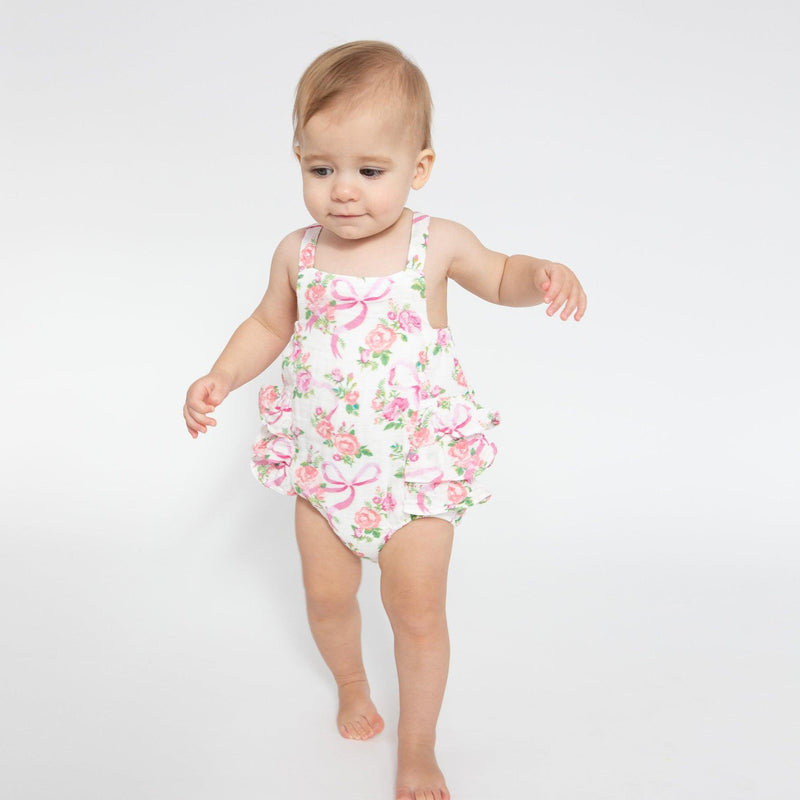 Baby Girl Bubble | Ruffle Sunsuit- Coquette Bows | Angel Dear - The Ridge Kids